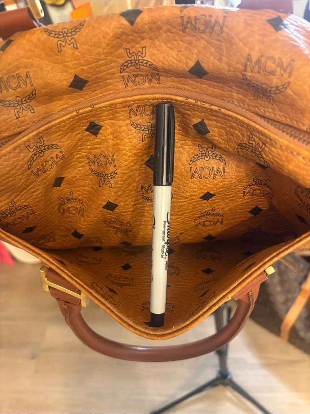 MCM Cognac Brown Visetos Monogram Satchel
